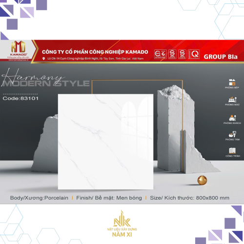 Gạch Kamado 800x800 Men Bóng Porcelain – Mã 83101 Vân Đá Trắng Marble
